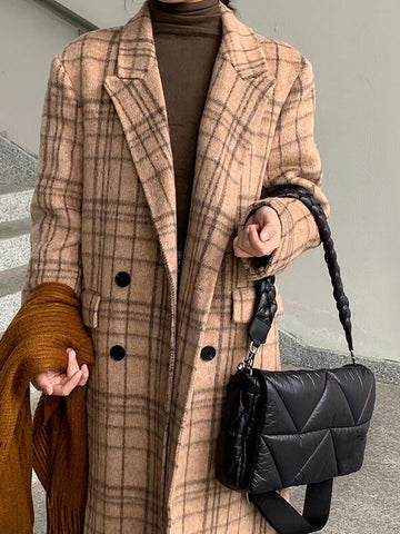 Airchics manteau en laine carreaux double boutonnage avec poches col revers femme mode